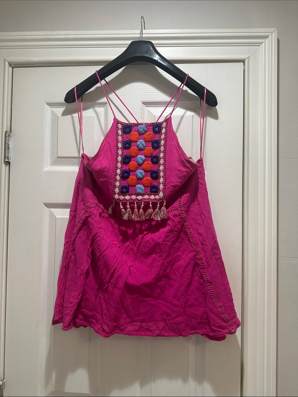 Boho Embroidered Hot Pink Spaghetti Strap Tank Top